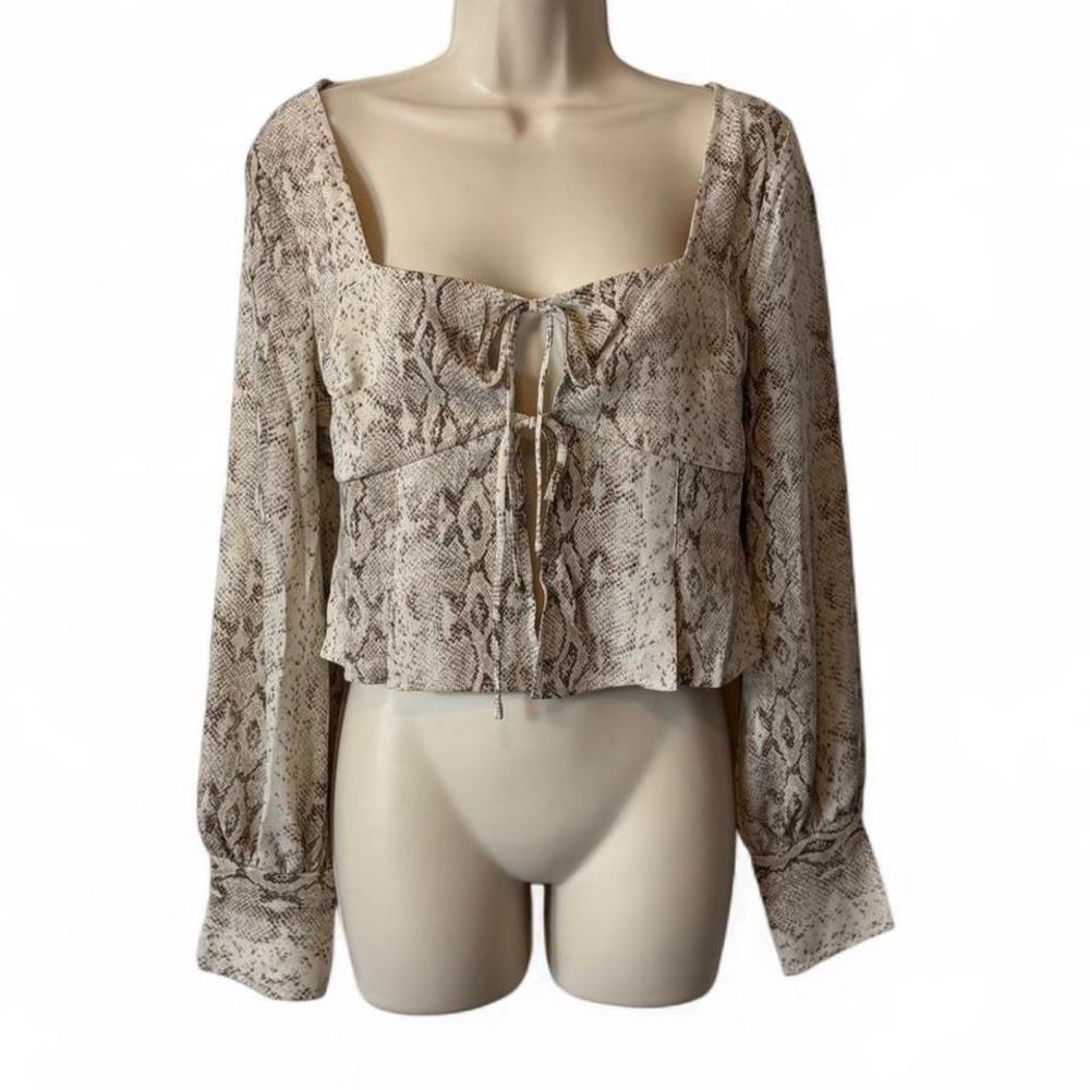 Beige Tie Front Snake Print Crepe Long Sleeve‎ Top